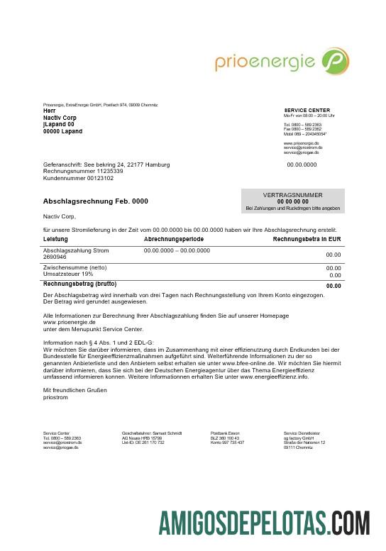 Em branco modelo de comprovante de endereço de serviço público da Alemanha Prioenergie em formatos Word e PDF